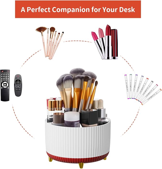 Marbrasse Desk Organizer, 360-Degree Rotating Pen Holder, Desk Organizers and Accessories with 5 Compartments Pencil Holder, Art Supply Storage Box Caddy for Office, Home (White+Red) - Image 6