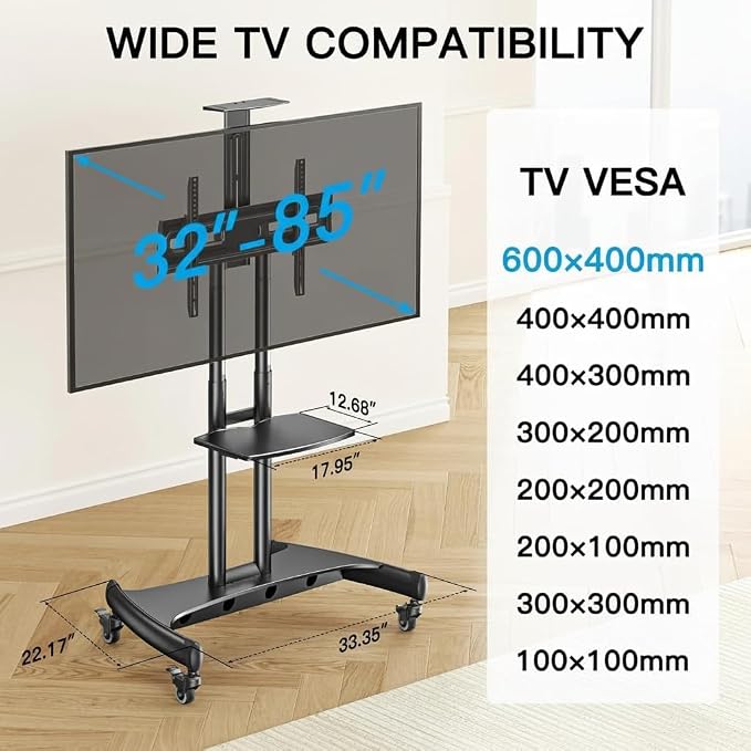 PERLESMITH Rolling TV Stand with Wheels for 32-85 Inch LCD LED 4K Flat Screen TVs, Tilt Mobile TV Cart with Shelf Holds Up to 100 lbs, Height Adjustable Floor TV Stand Max VESA 600x400mm- PSTVMC05 - Image 2