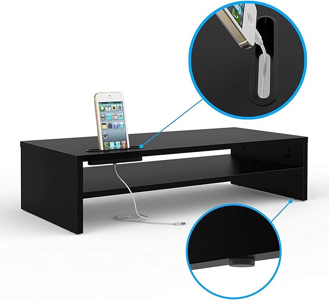 BONTEC Wood Monitor Stand Riser, 2-Tier Desktop Organizer with Storage, Ergonomic Computer Stand for Desk, Cable Management, Cellphone Holder, 21.3 Inch Shelf, Black | Ergonomic Computer Stand for Desk, Cable Management, Cellphone Holder, 21.3 Inch She... - Image 4