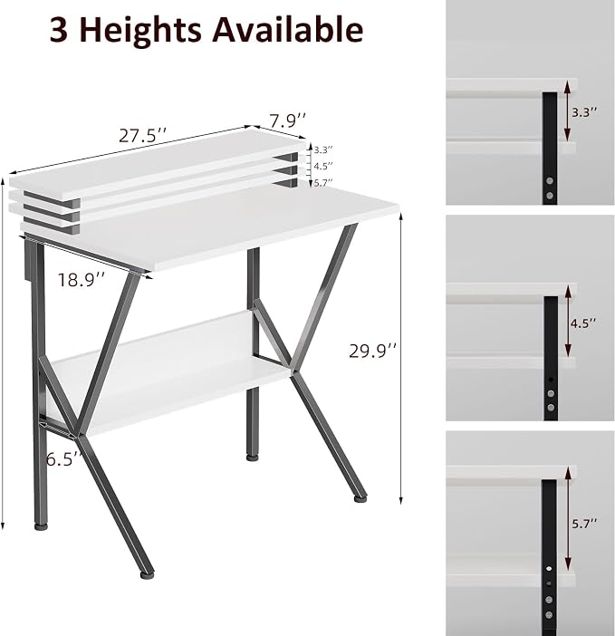 COTUBLR Small Desk, Small Computer Desk for Spaces, 27.5 Inch Computer Desk with Adjustable Monitor Stand, Compact Desk with Storage for Bedroom Home Office, White Tabletop+Black Frame - Image 3