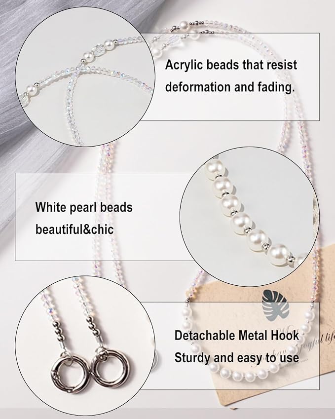 Phone Chain Crossbody Pearl Strap,Pearl Beaded Chain Shoulder Crossbody Lanyard with Phone Tether Patches Compatible with Most Phones Bag Purse - Image 2
