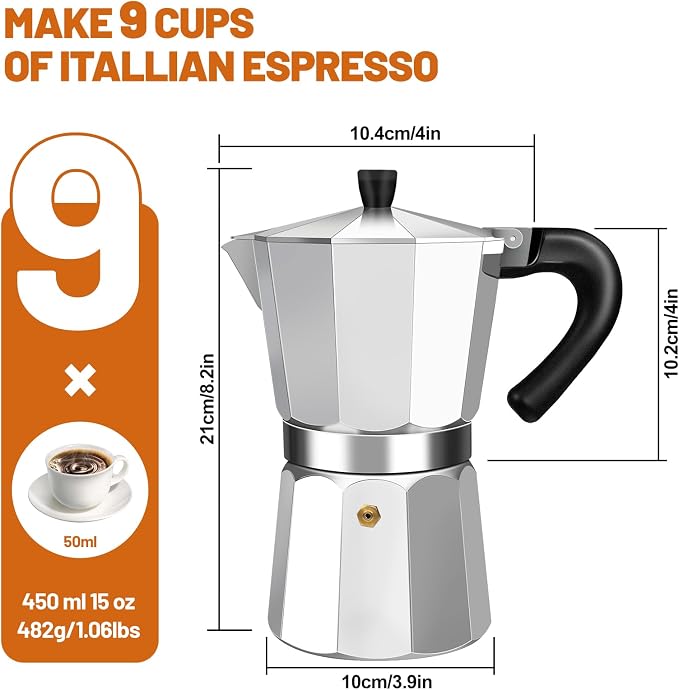 9 Cup Aluminum Espresso Stovetop Moka Pot Express Coffee Maker Percolator Italian Classic Mocha Coffee Machine for Italian and Cuban Cafe Brewing for Home & Camping 450ml 15oz - Image 2