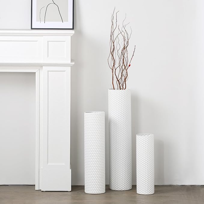 Dnnnii Tall Floor Vases Set of 3 - White Metal Cylinder Vases for Living Room Corner, Modern Honeycomb Texture, Extra Large Standing Decor (Tallest 27.6in, Home Bedroom Dining Decor) by Dnnnii