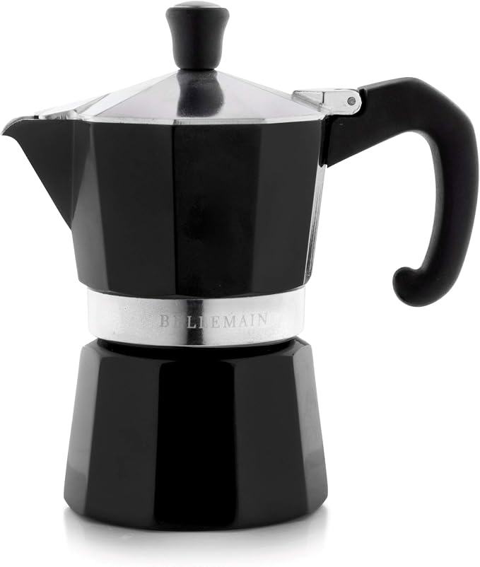 Bellemain Stovetop Espresso Maker, Italian Moka Pot, 3-Cup Black | Classic aluminum design brews rich espresso at home or camping, with an easy-to-use and easy-to-clean design. by Bellemain