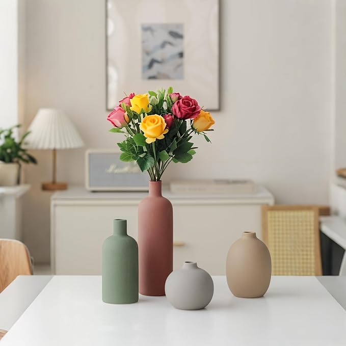 Modern Ceramic Vase Set, Neutral Colors, Decorative Vases for Home Decor, 4 Piece Collection (Green Mix Set 4) - Image 4