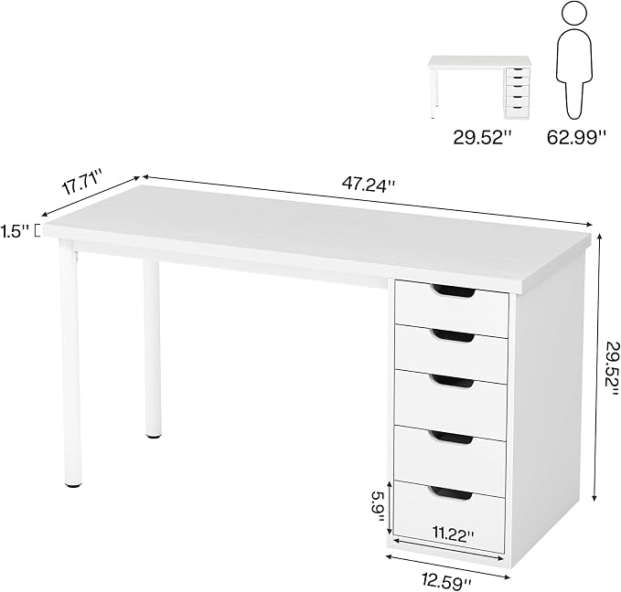 Tribesigns Computer Desk with 5 Drawers, 47 inches Rustic Brown Home Office Desk with Storage, Modern Simple Laptop Desk Study Writing Table for Small Spaces (1, White) - Image 2