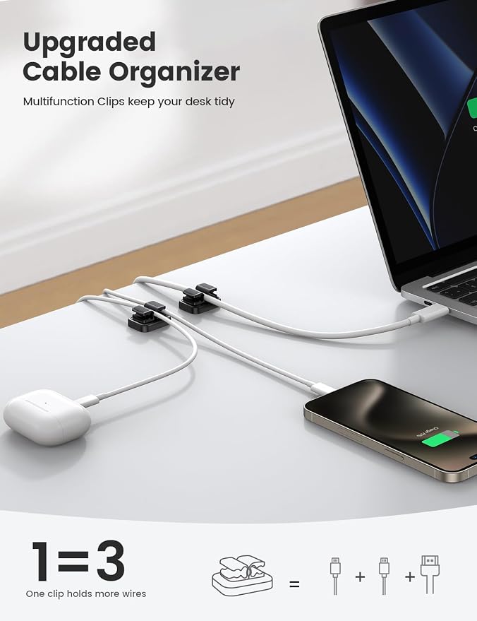 Lamicall 6Pack 3-in-1 Cord Spring Clip Holder - Small Clips for Desk Cable Organizer, Adhesive Adjustable Cable Holder for Charger Wire, USB Cord, Office, Car, Cord Management, Desk Accessories - Image 2