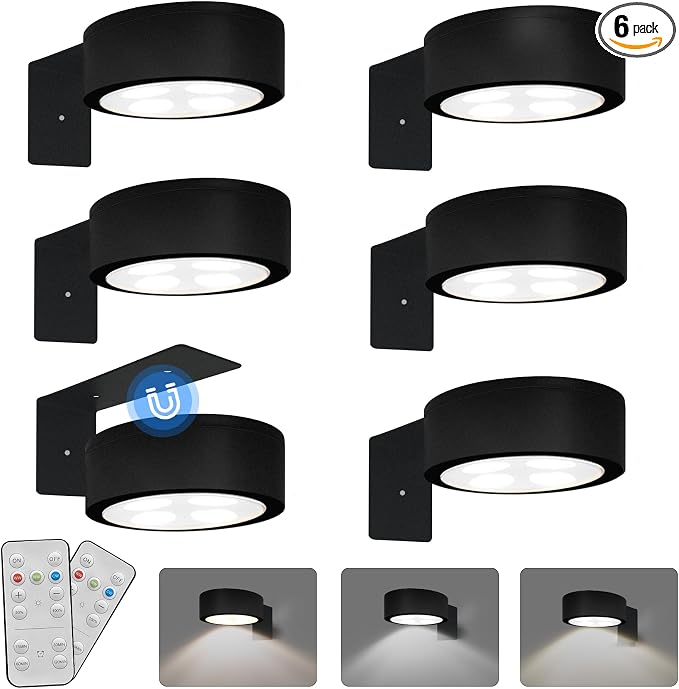 6-Pack Battery Operated Picture Light Magnetic Painting Light with 3 Lighting Modes,Remote and Dimmable Timer Art Display Light for Picture Artworking Frame Portrait,Wireless Wall Decor Puck Lights by Xuolder