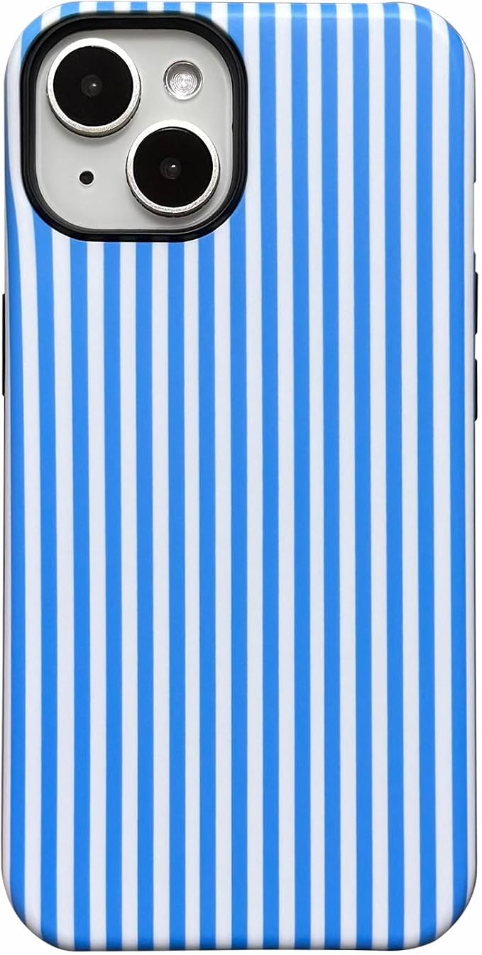 for iPhone 15 Case Striped Cute Aesthetics Phone Case Trendy Protective Shockproof Cover for iPhone 15 Blue White by Unknown