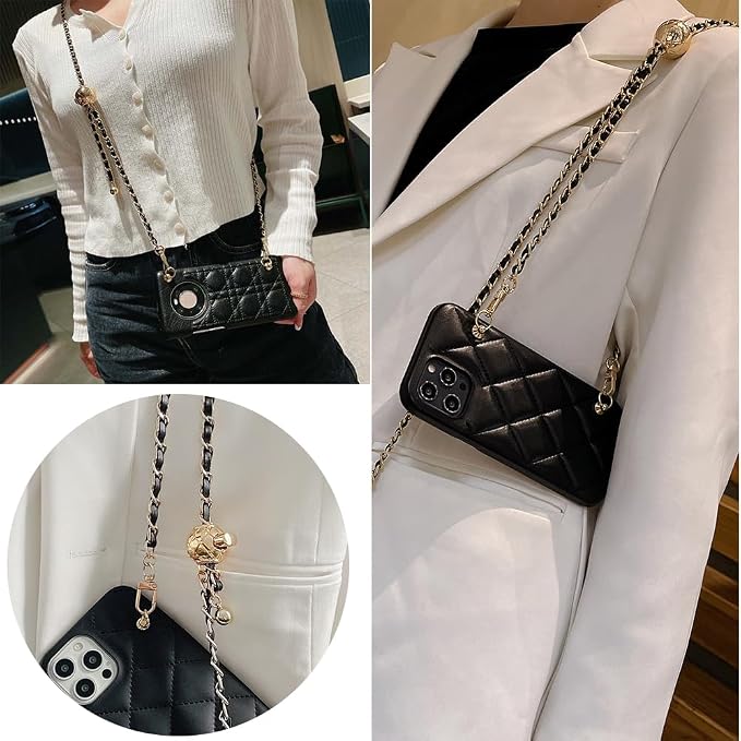Cell Phone Lanyard Phone Crossbody Chain, Adjustable Phone Straps,Leather+Metal Shoulder Strap Cellphone Chain with Tether Patches Compatible with Most Phones Bag Purse Black - Image 3
