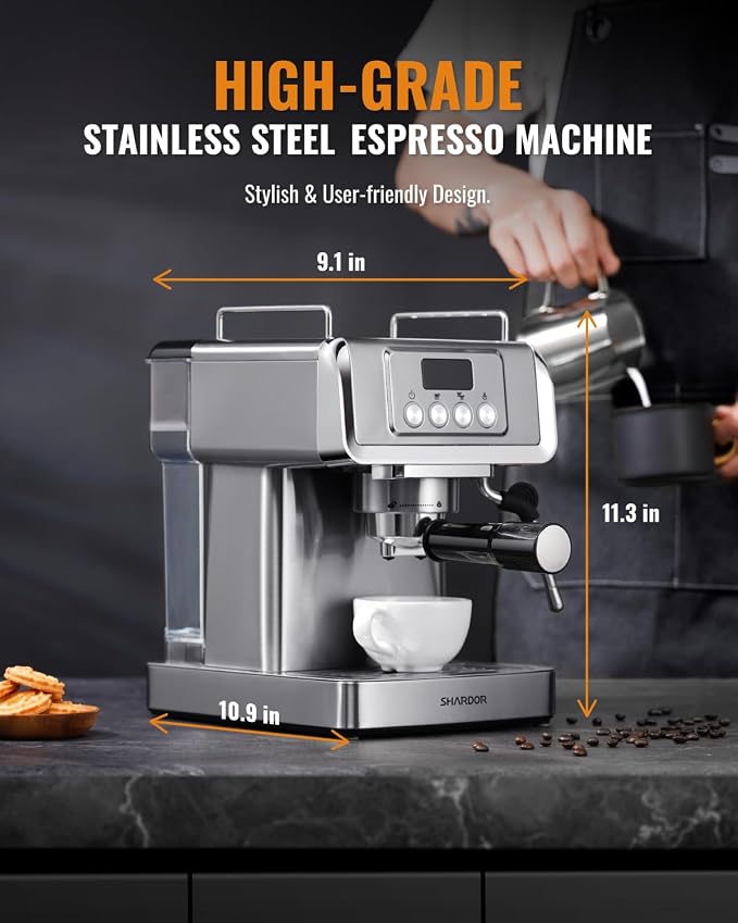 SHARDOR 20 Bar Espresso Machine for Home, Espresso Coffee Maker with Temp Display, Expresso Machine with Steam Milk Frother for Latte & Cappuccino, 60oz Water Reservoir, Stainless Steel, 1350W - Image 6