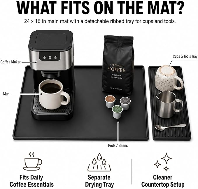 Silicone Coffee Mat 24 x 16 in with Tray, Classic Black | Coffee bar mat for countertop use, coffee station mat or coffee machine mat with removable tray and 0.47 in raised rim. - Image 4