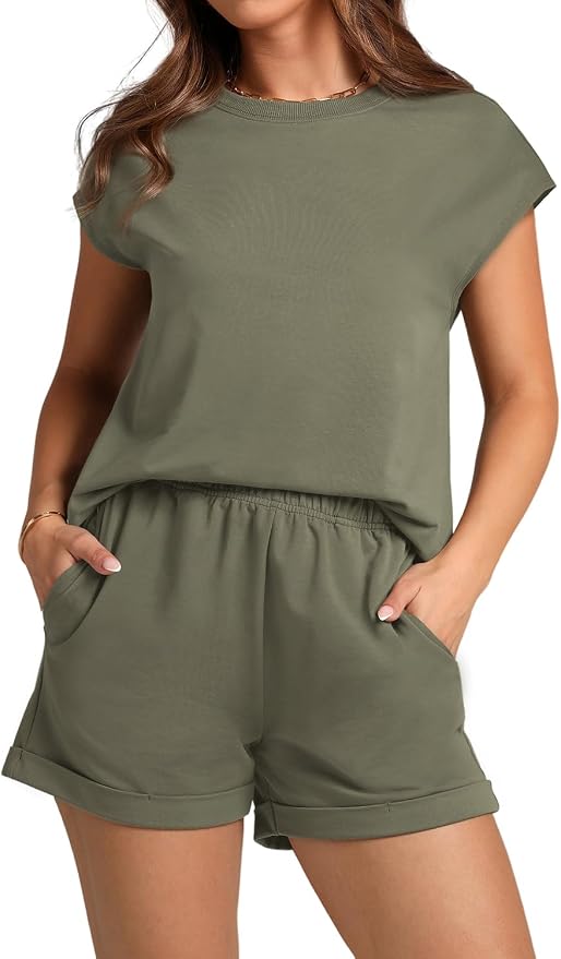 WIHOLL 2 Piece Sets for Women Casual Summer Travel Vacation Outfits Cap Sleeve Shorts Lounge Set - Image 2