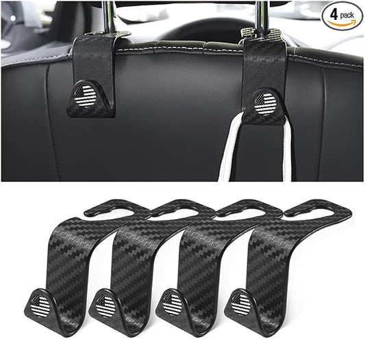 4PCS Car Seat Headrest Hooks, Auto Back Seat Hanger Holder, Durable Stylish Vehicle Organizer Universal Car Accessories, Storage Hooks for Purses, Bags, Clothes, Coats (Carbon Fiber/Black Flag) by Hanemia
