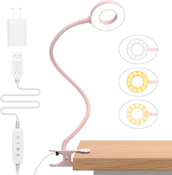 iZELL Desk Lamp, [3 Color Modes & 10 Brightness] LED Reading Light with Clamp, Silicone Flexible Arm Book Light for Kids Reading Book in Bed at Night Clip on Table, Headboard, Dorm - 15.8‘’ Pink by iZell