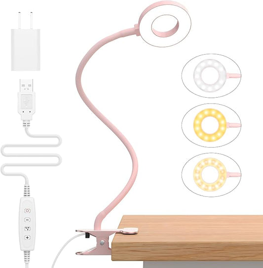 iZELL Desk Lamp, [3 Color Modes & 10 Brightness] LED Reading Light with Clamp, Silicone Flexible Arm Book Light for Kids Reading Book in Bed at Night Clip on Table, Headboard, Dorm - 15.8‘’ Pink by iZell