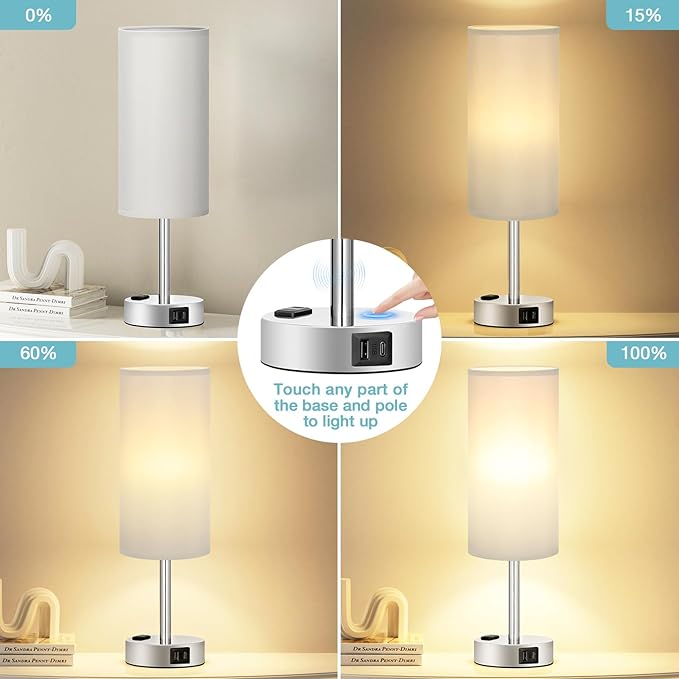 Fenmzee Light Grey Table Lamp for Nightstand - 3 Way Dimmable Touch Bedside Lamp USB C and A Charging Ports and AC Outlet, Small Desk Lamp with Silver Base for Office Nursery, LED Bulb Included - Image 2
