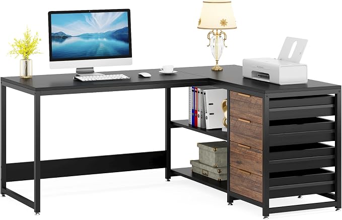 Tribesigns L Shaped Computer Desk with Storage Drawers, 59 inch Corner Desk with Shelves, Reversible L-Shaped Office Desk Study Writing Table Workstation for Home Office, Black - Image 9