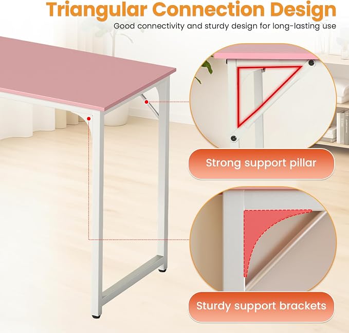 PayLessHere | 39 Inch Computer Desk | Pink | Office Desk with Metal Frame, Adjustable Feet | Water-Resistant, Scratchproof Surface | Sturdy Writing Table for Home Office or Study | Pack of 1 - Image 4