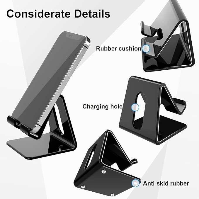 Crpich Acrylic Phone Stand, Ergonomic Design for Apple iPhone and Samsung Galaxy, Compatible with 4-8 Inch Screens, Black - Image 3