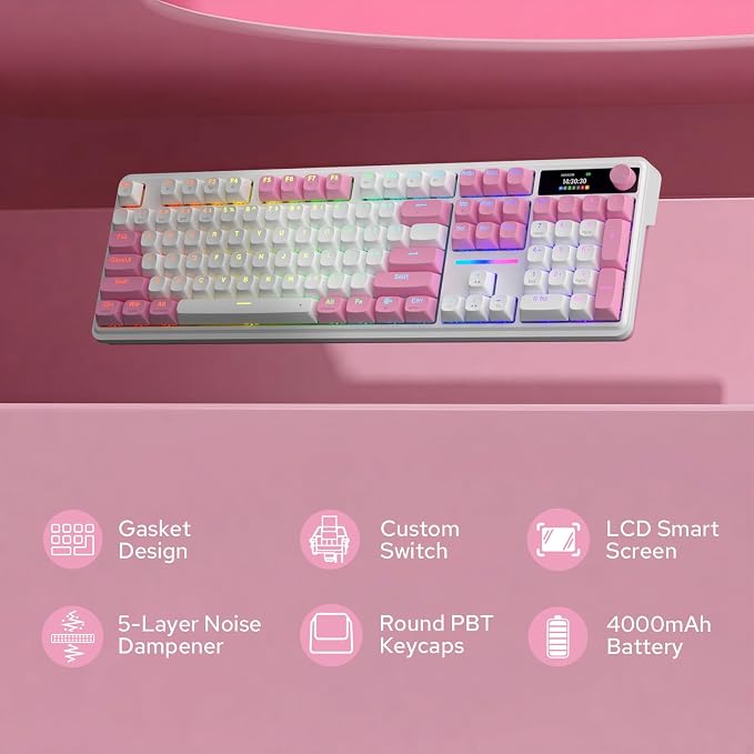 Redragon K762 PRO Wireless 104-Key Gasket Gaming Keyboard, Screen & Knob | Easy-Control LED Info Display, 0-Delay Tri-Mode, Cushioned 5-Layer Noise Dampening for Creamy Thocky Sound, Full-Size 104-Key - Image 2