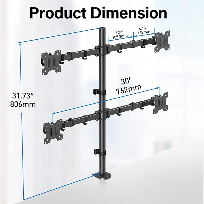MOUNTUP Quad Monitor Stand, 4 Monitors Desk Mount for 17 to 32 inch Computer Screens, Fully Adjustable Stacked Mount with Tilt Swivel, 4 Heavy Duty Monitor Mount, Holds up to 17.6lbs per Arm - Image 4