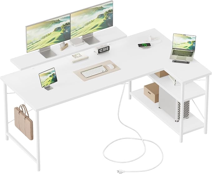 Mericonia 55 in L Shaped Gaming Desk, Large Corner Desk with Monitor Stand | Reversible Computer Desk with Power Outlets, LED Light & Storage Shelves, Office Table for Home Bedroom Study Work Writing by MERICONIA