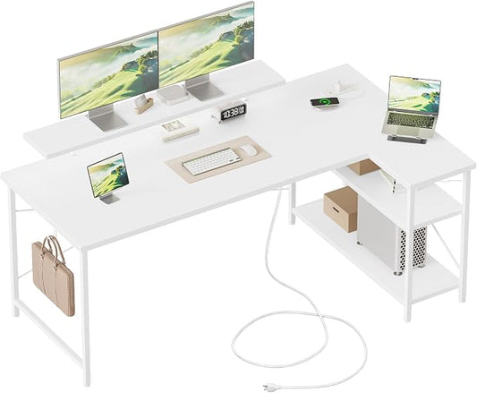 Mericonia 55 in L Shaped Gaming Desk, Large Corner Desk with Monitor Stand | Reversible Computer Desk with Power Outlets, LED Light & Storage Shelves, Office Table for Home Bedroom Study Work Writing by MERICONIA