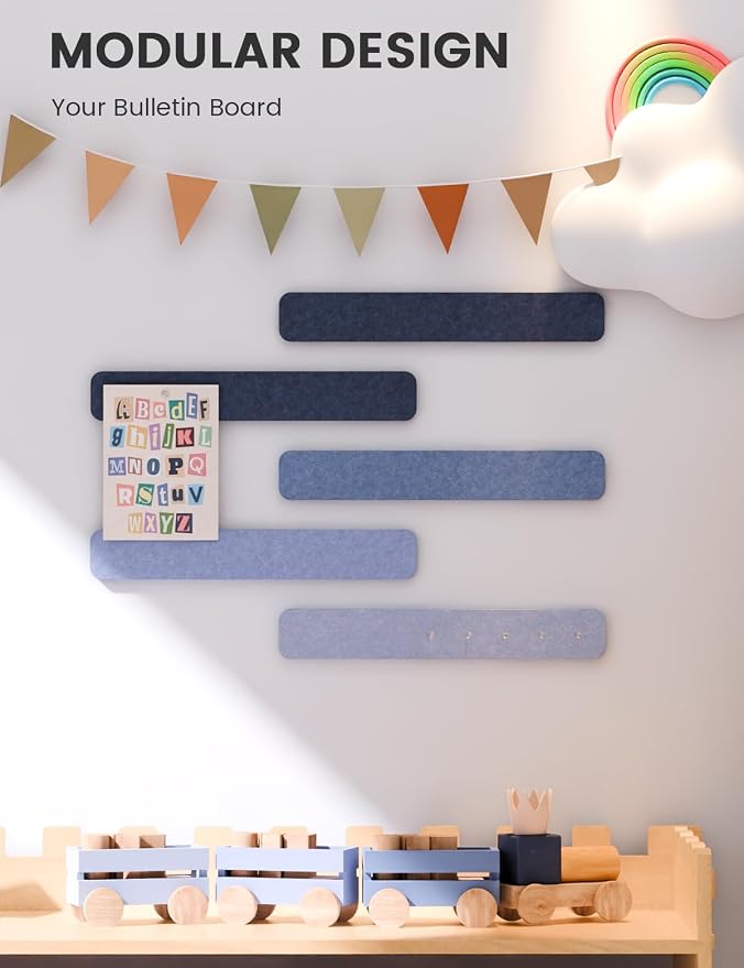Fluxynara 13" x 2" Felt Wall Panels, Denim Mist | 5-Pack Cork Board Alternative with 35 Push Pins, Adhesive Mounting for Bedroom Door or Home Office - Image 5