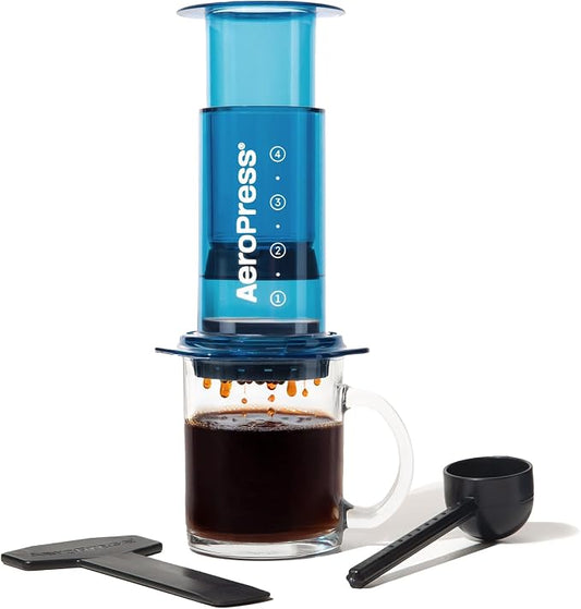 AeroPress Clear Blue Coffee Press, French Press, Pour-Over & Espresso Style | All-in-One Manual Coffee Maker, 2-Minute Brew, Less Bitterness, More Flavor, Portable, Travel & Camping by AeroPress