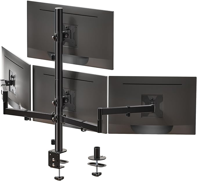 WALI Quad Monitor Mount for 13-27 Inch Screens, Fully Adjustable 4 Monitor Stand with Swivel, Tilt, Rotation, Clamp & Grommet Base Kit, Max Load 22lbs per Screen (M004S), Black by WALI