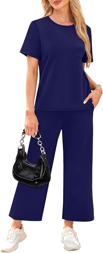 WIHOLL 2 Piece Sets for Women Casual Summer Travel Vacation Outfits Short Sleeve Wide Leg Crop Pants Lounge Sets - Image 4