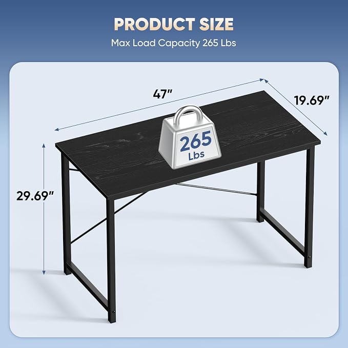 DUMOS 47 Inch Small Computer Desk, Gaming Desks for Home Office Bedroom | Modern Study Writing Work Table, Craft PC Desk Simple Workstation with Reinforcement Structure, Black - Image 3