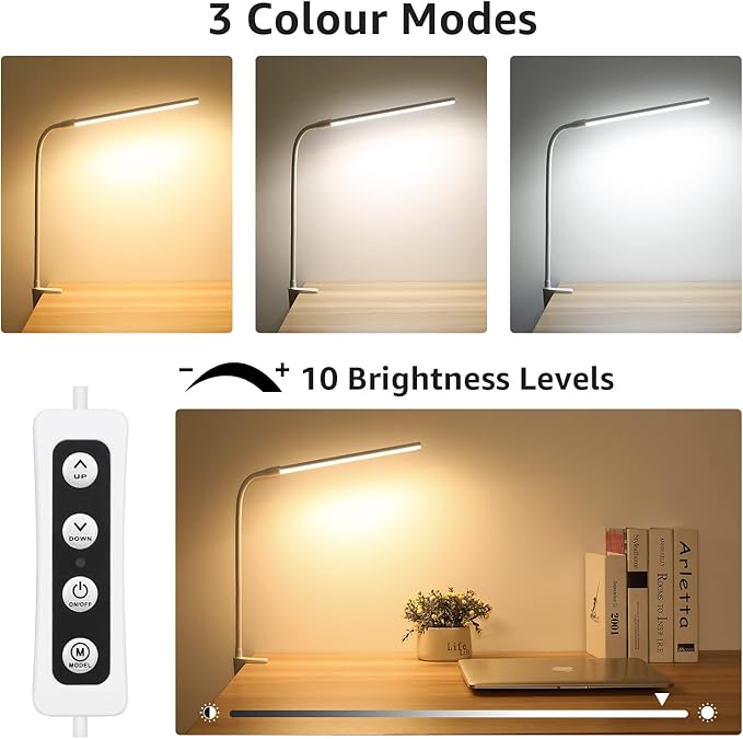 Lepro Small Desk Lamp with Clamp, LED Reading Lamps, 460LM, 5W, White | 3 Color Modes 10 Brightness, Dimmable USB Clip on Desk Light with Gooseneck Swing Arm for Nail, Home Office and Dorm - Image 3