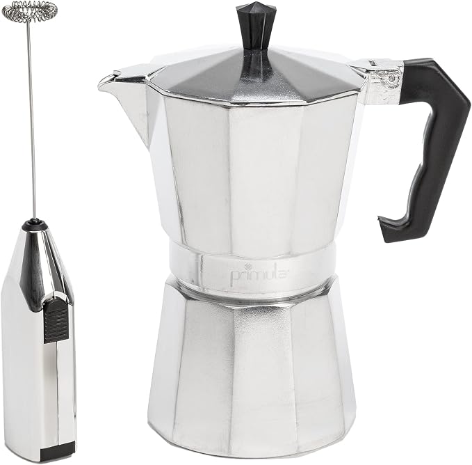 Primula Stovetop Espresso Maker and Handheld Electric Milk Frother Gift Set, Moka Pot for Classic Italian and Cuban Coffee, Cafetera, 6 Espresso Cups, Silver by Primula
