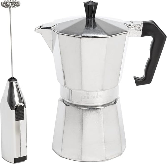 Primula Stovetop Espresso Maker and Handheld Electric Milk Frother Gift Set, Moka Pot for Classic Italian and Cuban Coffee, Cafetera, 6 Espresso Cups, Silver by Primula