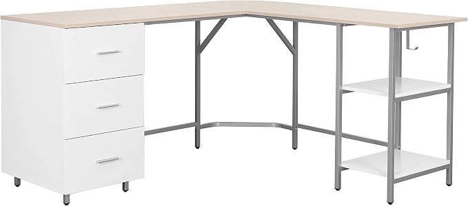 Techni Mobili 59" Two-Tone L‑Shaped Office Desk with Storage Shelves, Sand | 59" two‑tone L‑shaped desk with storage shelves, durable frame, modern corner workstation, spacious home office writing space - Image 6