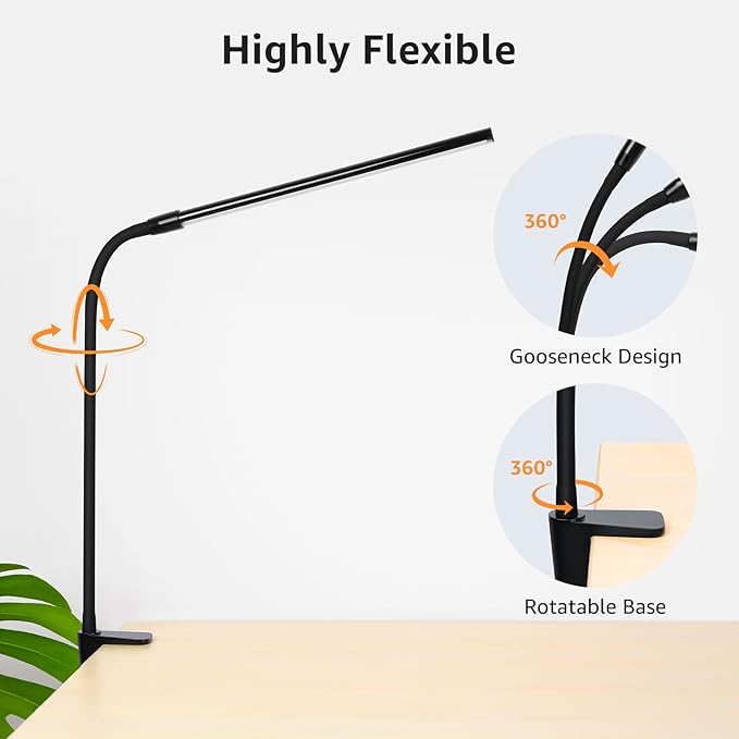 Lepro Clip on Desk Lamp, LED Reading Light with Clamp, 460LM 5W, Black | 3 Color Modes 10 Brightness, Dimmable, USB Small Desk Light with Gooseneck Swing Arm for Nail, Home Office and Dorm - Image 5