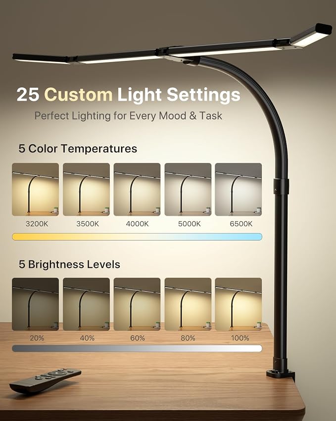 ONEMIX 42-Inch LED Desk Lamp for Dual Monitors with Clamp and Remote | 4 Adjustable Panels for Focused or Wide-Area Light, 1800LM, Flexible Gooseneck, 5 Color Temps, 5 Brightness Levels, Timer - Image 4