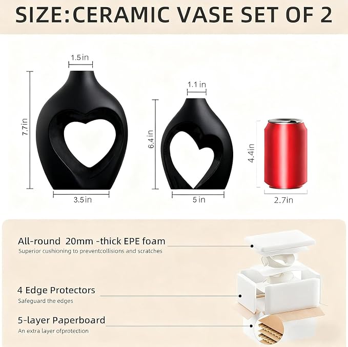 Black Ceramic Flower Vases Home Decor Heart Shaped Vase Set of 2 | Nordic Heart Shaped Vases Minimalist Decorative Vase for Table Centerpiece Wedding Dining Living Room Office House Decoration - Image 2