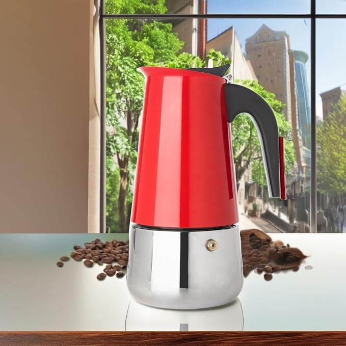 Mixpresso 9 Cup Greca Moka Pot Red Stainless Steel Stovetop Espresso Maker | 450ml/15oz Italian stovetop coffee maker with classic percolator design, ideal for preparing coffee at home or while camping - Image 5