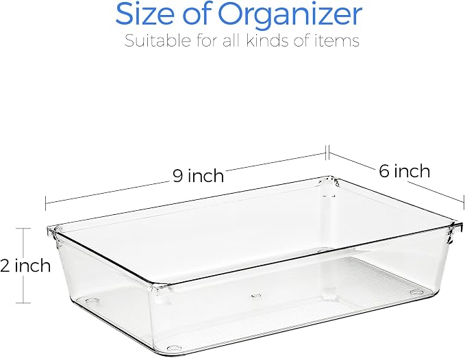 Ravinte 6 Pack Drawer Organizer - 6" X 9" Plastic Storage Bins, Acrylic Organizers with Non-Slip Pads Clear Desk Storage Tray for Makeup, Jewelries, Kitchen Utensils, Bathroom and Office | Acrylic Tray Design, Non-Slip Pads, For Makeup, Jewelry, Kitche... - Image 3