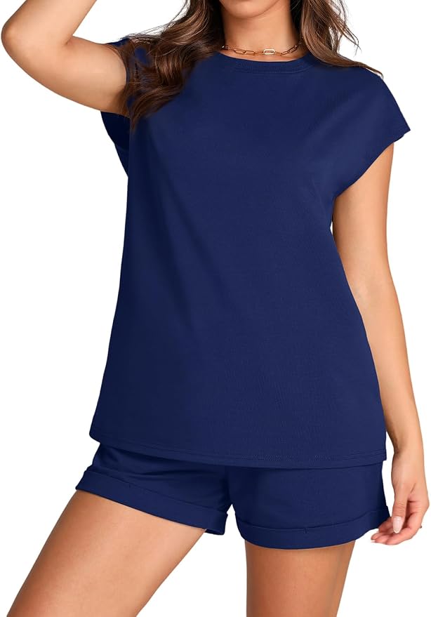 WIHOLL 2 Piece Sets for Women Casual Summer Travel Vacation Outfits Cap Sleeve Shorts Lounge Set - Image 4