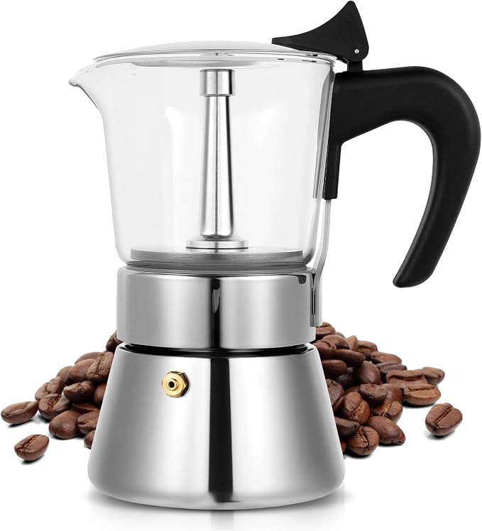 6 Cup 300ml Glass Moka Pot, Stovetop Espresso Maker, Silver | Crystal Glass-top & Stainless Steel Coffee Maker, Induction Compatible, for Greca de Cafe, Cuban and Italian Coffee Brewing by Suiitat