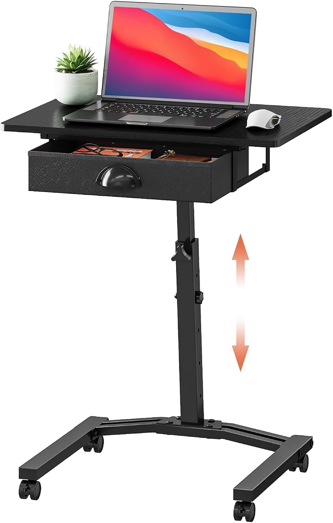 Rolling Adjustable Height Standing Desk With Drawers, Small Mobile Laptop Desk Cart On Wheels For Small Spaces Home Office, Portable Sitting Laptop Table For Bed Couch Load Up To 60LBS, Sturdy, Black by Cidaziya