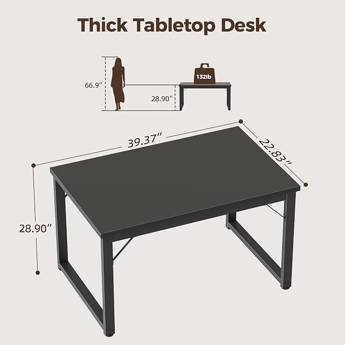 Mericonia 40 Inch Computer Desk, 1" Thick Small Office Table, Black | Modern Simple Style, Heavy Duty Industrial Frame, Small Study & Writing Table for Home Bedroom Work - Image 2