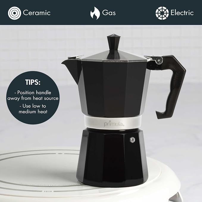 Primula Classic Moka Pot Stovetop Espresso and Coffee Maker, Italian and Cuban Cafetera for Rich Espresso Brewing, Durable Aluminum Greca Coffee Maker with Easy Grip Handle, 6-Cup, Black - Image 3
