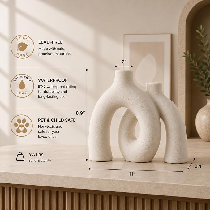 Cream White Decorative Vase Set - Modern Hug Donut Ceramic Vases by JAS & JAX GOODS, Minimalist Boho Style Centerpiece for Console Table, Living Room, Bookshelf, or Fireplace Mantel - Image 2