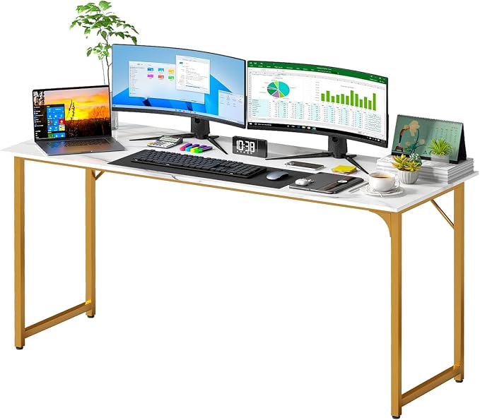 PayLessHere | 63 Inch Computer Desk | White Gold | Office Desk with Metal Frame, Adjustable Feet | Water-Resistant, Scratchproof Surface | Sturdy Writing Table for Home Office or Study | Pack of 1 by PayLessHere