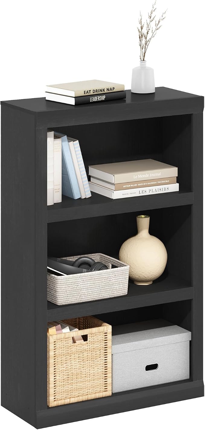 Furinno Rail Book Shelf, 3-Tier Bookshelf with Open Shelf, Bookcase with Classic Style Edges, 10 x 24.6 x 39, for Organization and Storage, for Living Room, Bedroom, Home Office, Blackwood by Furinno-FitsYourSpaceFitsYourBudget